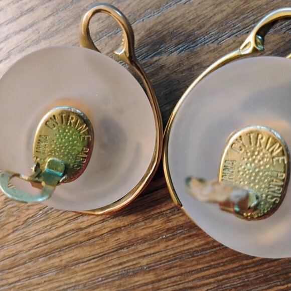 Vintage Inna Cytrine Frosted Lucite Earrings with Turquoise Stone - Picture 2 of 2